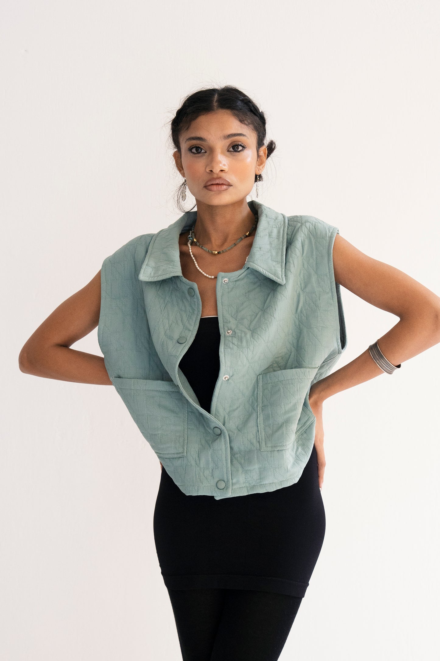 Gilded Stitches Vest - Mint Blue