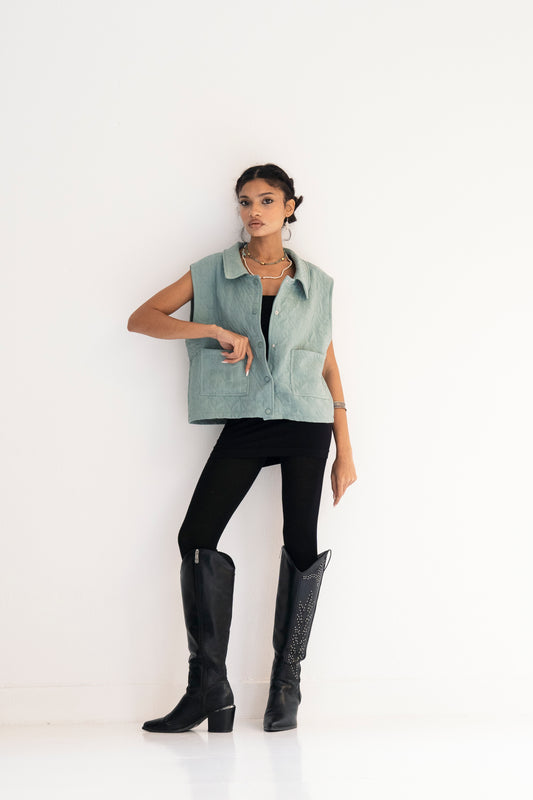 Gilded Stitches Vest - Mint Blue