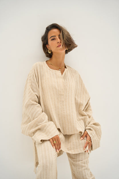 Weekend Warrior Linen Top in Light Beige